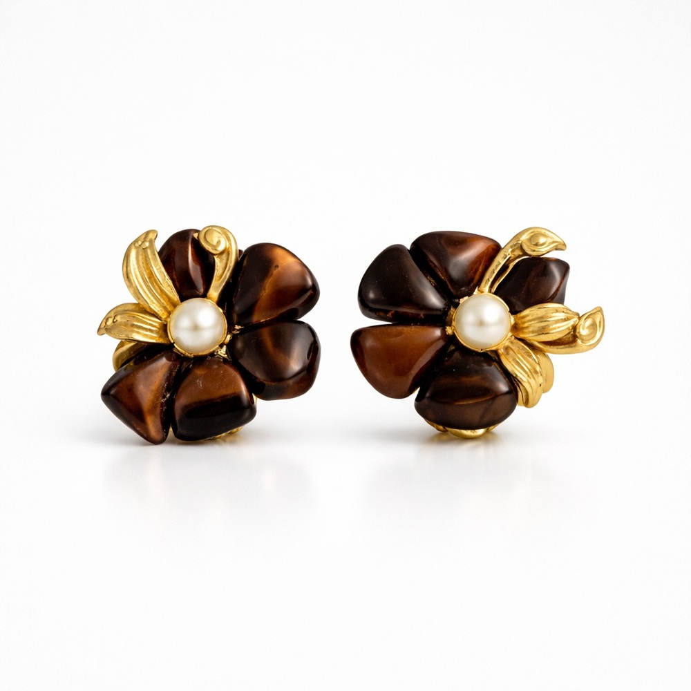 Vintage 1970s BARCS Tiger’s Eye Flower Earrings Gold Pearl Clip-On Australia